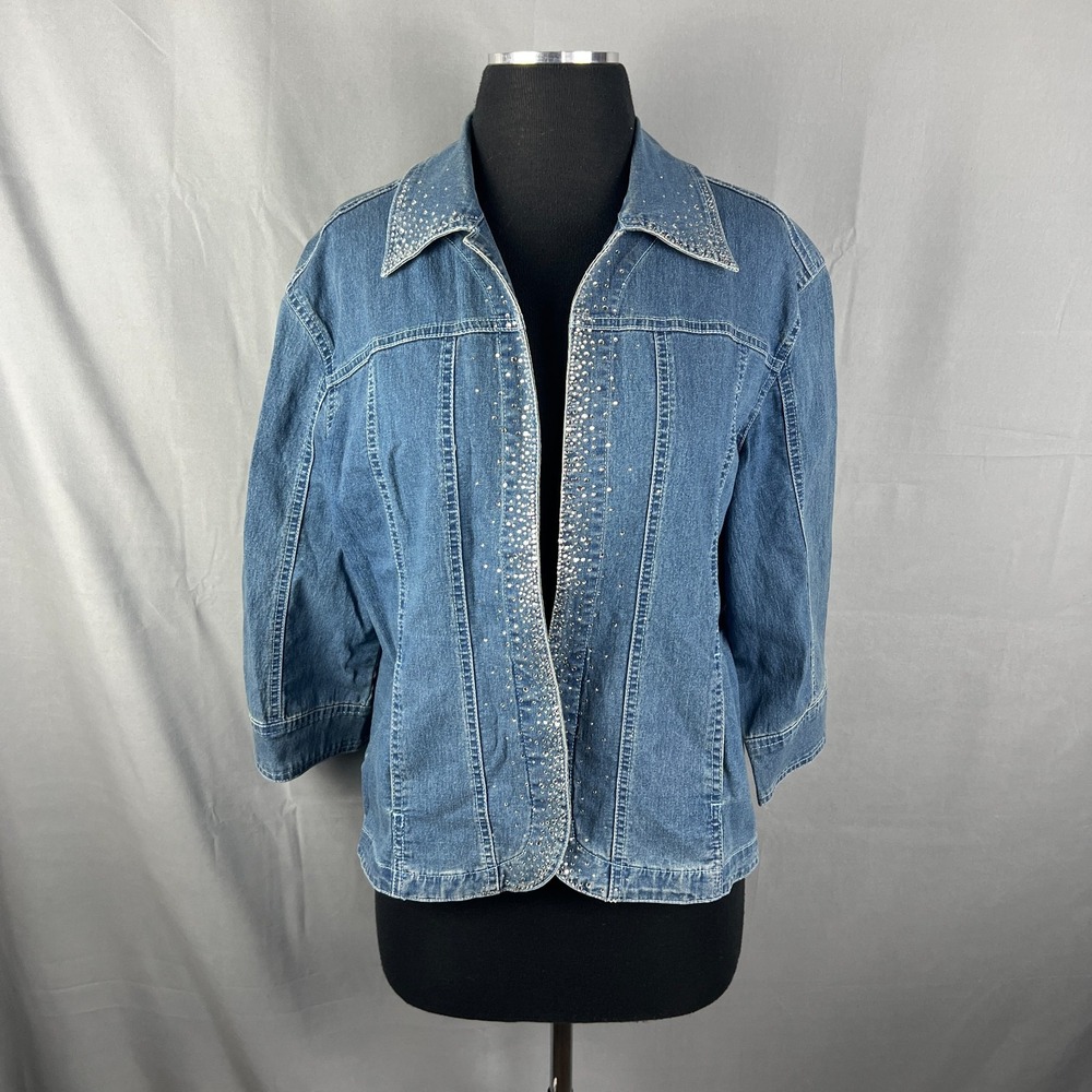 Lady Noiz Jacket Womens Large Blue Denim Studded Cross Rhinestone Open Front